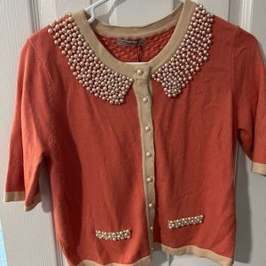 Darling  (Anthropologie) beaded pearls neckline sweater & mock pockets NWOT